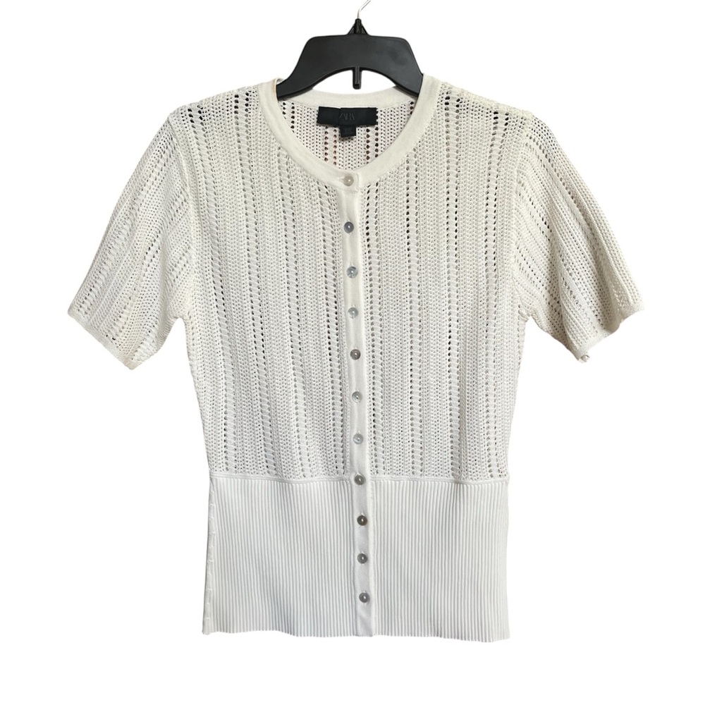 Zara Open Knit Short Sleeve Cardigan Sweater Women’s Size Small Cream Off White